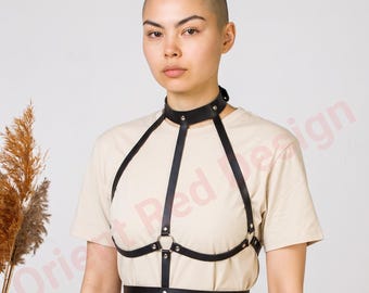 Black Body Harness, Leather Chest Harness, O Ring Harness, Gothic BDSM Harness