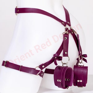 Purple Vegan Leather Thigh Harness Set with Cuffs