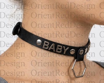 Black Baby Choker Collar, O Ring BDSM Collar, Gothic Leather Choker