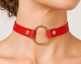 Red O Ring Choker, Vegan Leather Collar, Gothic BDSM Choker, Adjustable Punk Necklace