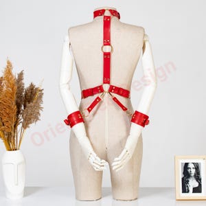 May include: A red leather body harness featuring a neck collar, a vertical strap connecting to a waist belt, and two wrist cuffs. The harness is constructed with gold-toned metal rings, buckles, and rivets, creating a structured design.