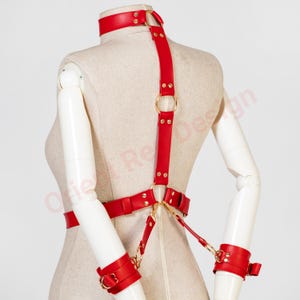 May include: A red leather harness featuring a choker collar, a vertical back strap, and a waist belt connected by gold-toned metal rings and rivets. Two adjustable straps extend from the waist to connect to matching red leather wrist cuffs.