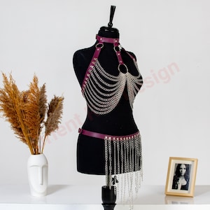 Käfig BH Harness und Ketten-Set, Gothic Fetisch Wear Harness, Leder und Kette Submissive Harness, Festival Ready Kettenharness