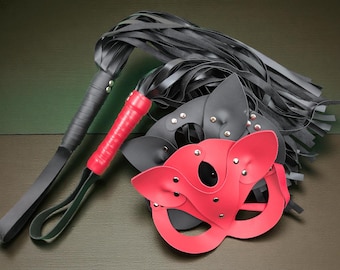 Luxury Black Red Vegan Leather Whip and Mask Set for Couples, Sensual Bondage Accessories, Kinky Cosplay Party Costume Gift