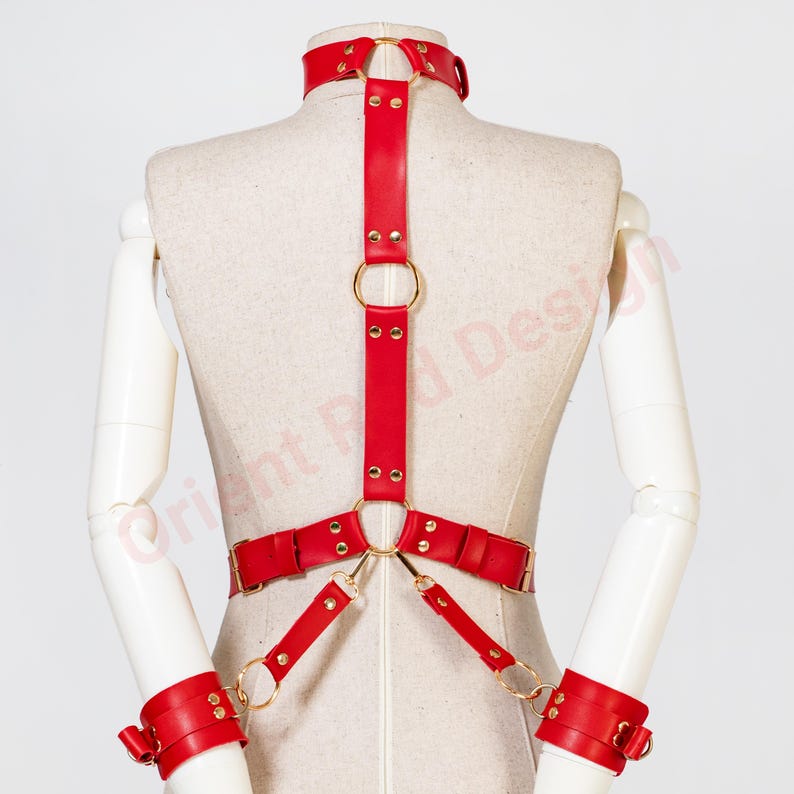 May include: A red harness featuring a choker collar, a vertical center strap, and two waist straps connected by gold-toned metal rings and rivets. The harness includes two matching red wrist cuffs attached to the waist section by thin straps.