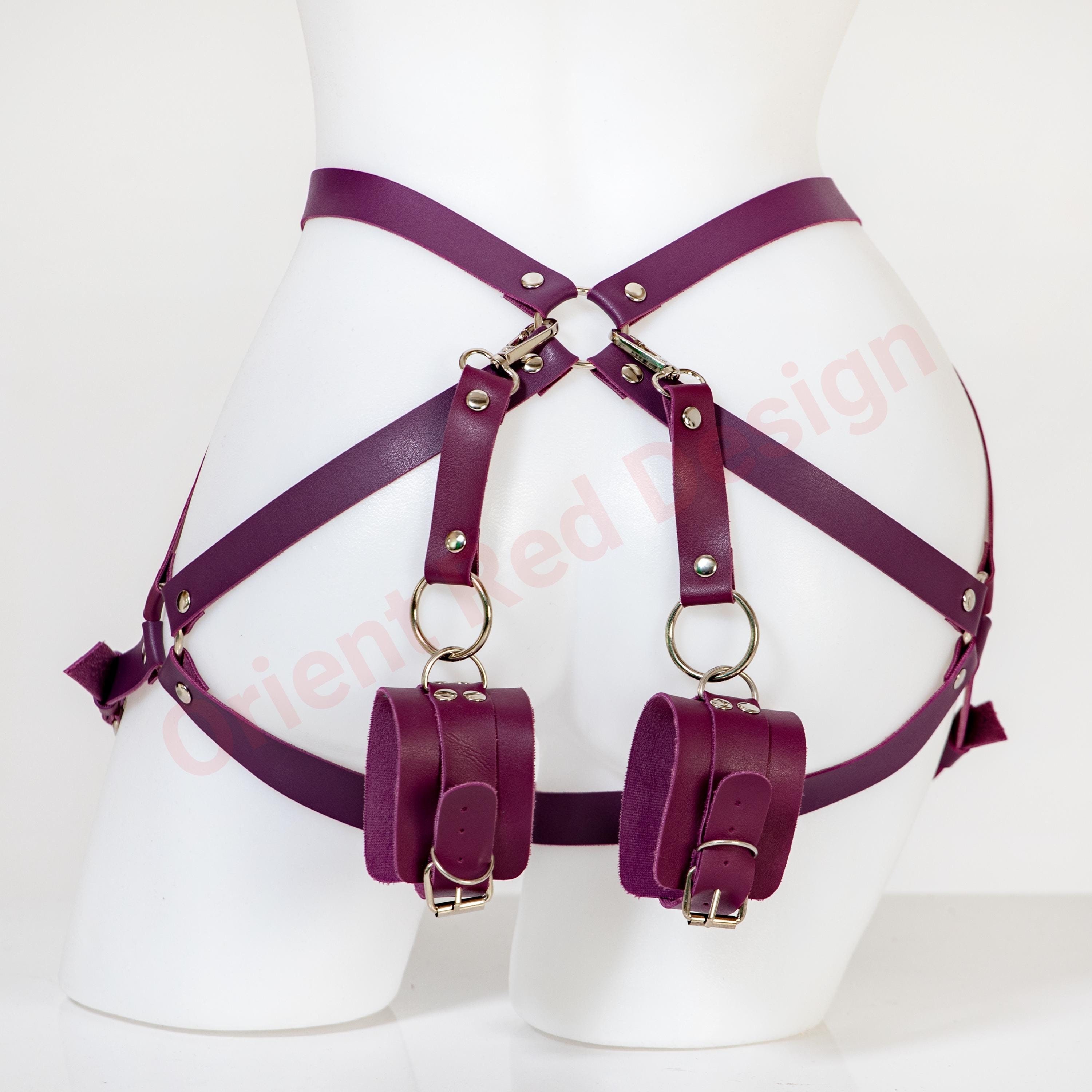 BDSM Cuff Bondage and Leather Garter Set, Sex Harness Lingerie with Leather Garters, Adult BDSM Bondage Kit with Thigh Cuffs
