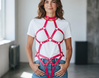Vegan Leather Body Cage Bra, Thigh Harness Lingerie Set, Pink Body Harness, Vegan Leather Chest Harness, Adjustable O Ring Harness