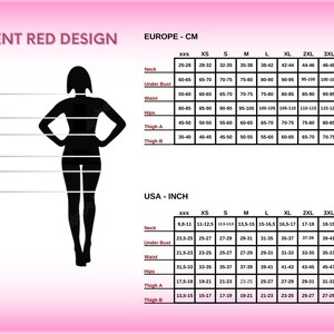 May include: A size chart titled ORIENT RED DESIGN featuring a black silhouette of a figure with lines indicating body measurement points for neck, under bust, waist, hips, and thighs, alongside two tables showing measurements in inches and centimeters.