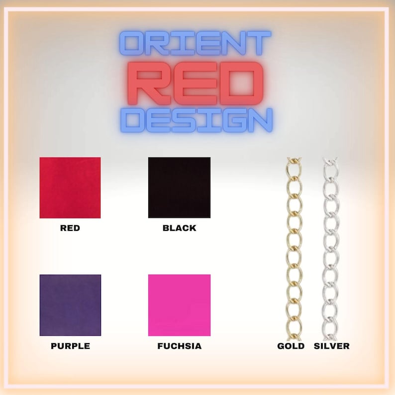 May include: A product display featuring the text ORIENT RED DESIGN with four color swatches in red, black, purple, and fuchsia, alongside two vertical metal chains in gold and silver tones, each labeled with its respective color name below.