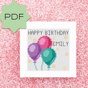 Happy Birthday Balloons DIY Customizable Cross Stitch Card Pattern, PDF Download, Vertical or Horizontal Name, Personalized, Jewel Tones