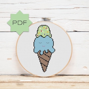 Ice Cream Cone Cross Stitch Pattern PDF download, double scoop, smiling blue and green waffle cone with sprinkles, cute, kawaii, dessert