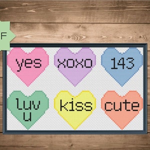 Sweet Valentine's Candy Conversation Hearts Cross Stitch Patroon, PDF-download, ja xoxo 143 luv u kiss schattig, liefde, wees de mijne, lieverd