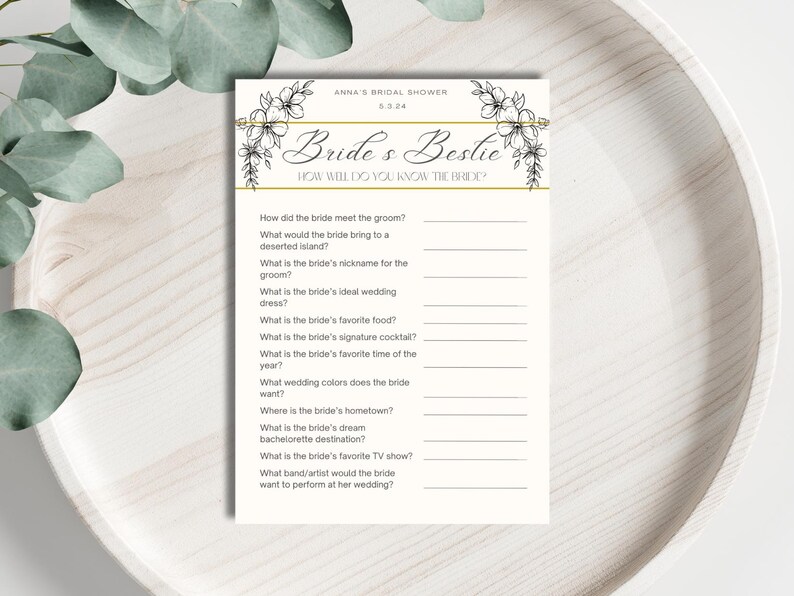 Fun Bridal Shower Game Printable Template Trivia Game for Bridal