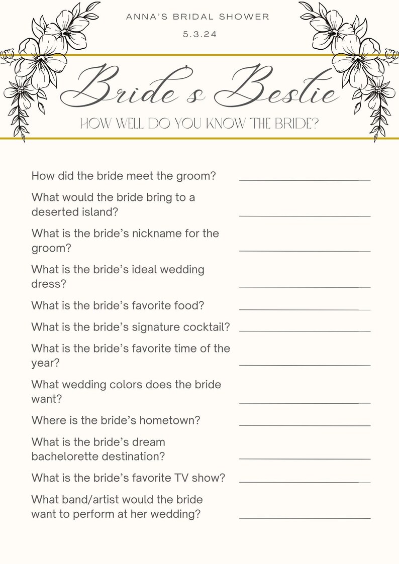 Fun Bridal Shower Game Printable Template Trivia Game for Bridal