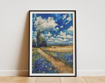 Feld der blauen Blumen | Wandkunst | Landschaftsdruck | Blauer Himmel, Gemälde im Van-Gogh-Stil | Digitaler Download | Kräftige Farben | Bunt