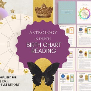 May include: A digital astrology report with a cream-colored zodiac wheel and a purple circular graphic with the text "Astrology in Depth Birth Chart Reading." The report includes a black butterfly, a gold crown, and a series of pages with astrological information.