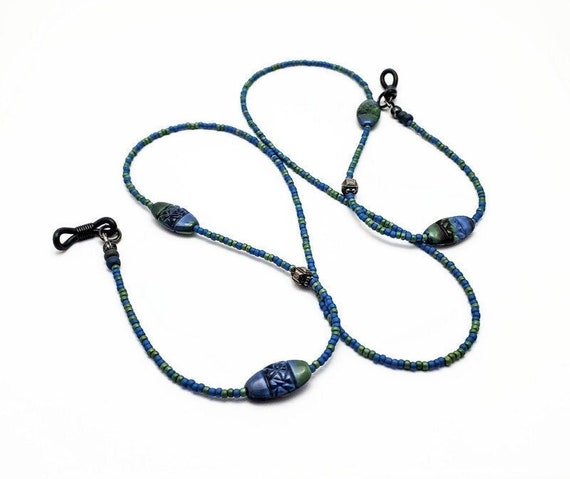 Vintage CMC Beaded Glasses Chain Necklace in Blue & Green Vintage Beaded Eyeglass Chain: Blue Green Czech Glass  main image 2