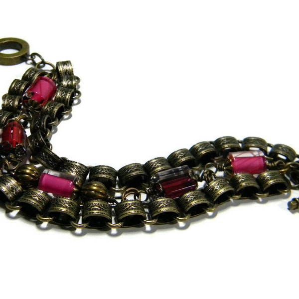 Victorian Bookchain Jewelry, Book Chain Jewelry for Women, Edwardian Gift for Wife, Pink Furnace Glass Bracelet, Furnace Cane Glass Beads