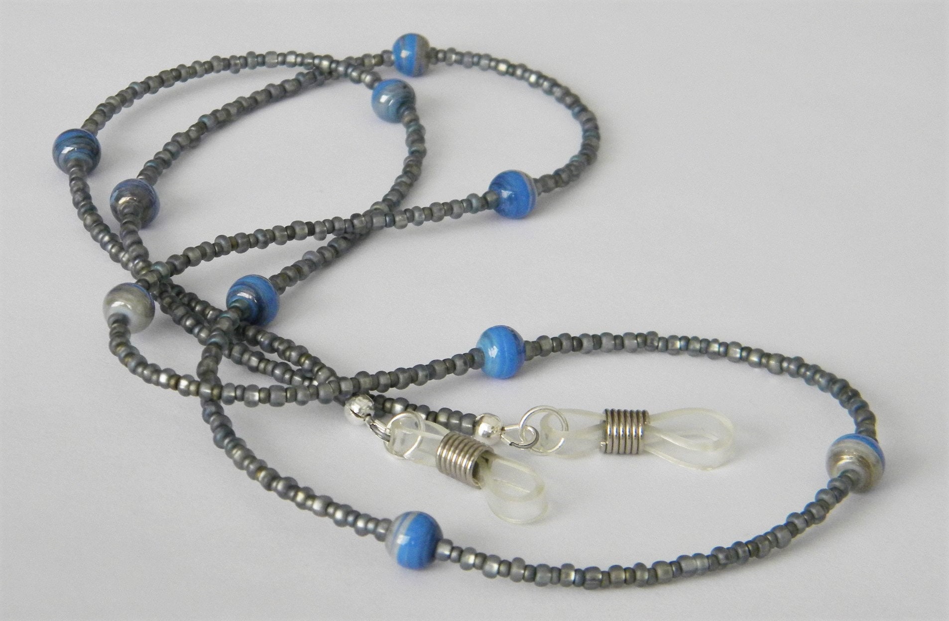 Beaded Eyeglass Leash Blue Silver Glasses Holder Eyeglasses Etsy
