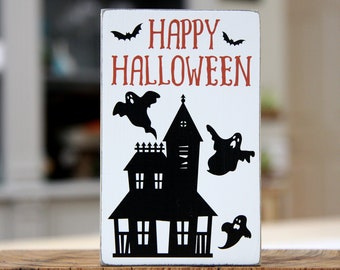 Halloween Tiered Tray Sign | Happy Halloween with ghosts and a haunted house