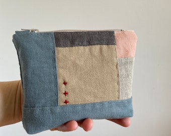 Pastel Random Patchwork clutch zipper pouch blue linen handheld clutch patchwork cottagecore boho style Rustic Makeup bag first aid EDC