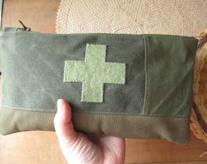 First Aid Zipper Pouch Olive Drab Green Waxed Canvas Swiss Cross Travel