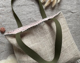 raw Hemp textured Pink small tote Green handles Messenger One of a kind bag pastoral reversible slow stitch natural style unique woman style