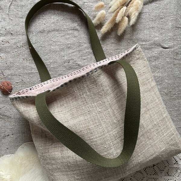 raw Hemp textured Pink small tote Green handles Messenger One of a kind bag pastoral reversible slow stitch natural style unique woman style