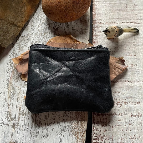 Small Black Leather zipper pouch wallet change jewelry catch all treasure purse gifts under 30 boyfriend gift Coin Collector Pouch