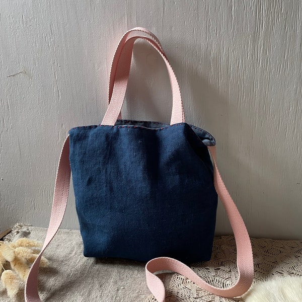 Navy Blue Linen small tote Pink handles Messenger One of a kind bag pastoral reversible Hobo diaper bag natural style unique woman style