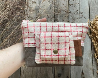 Red checkered clutch pouch zipper catch all bag make up pouch charming gift cottagecore minimalist toiletry bag purse primitive carry case