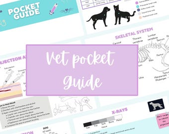 Puede incluir: Una guía de bolsillo veterinaria con ilustraciones y diagramas. La guía incluye información sobre inyecciones, sistemas esqueléticos, rayos X y dentición. El texto es manuscrito, con un fondo lila claro.