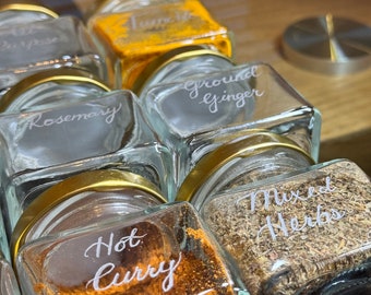 Glass Engraved Spice Jars | Set of 12