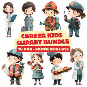 Puede incluir: Ilustración digital de niños de dibujos animados que representan diversas profesiones: médico, enfermera, bombero, policía, trabajador de la construcción, chef y veterinario. La imagen incluye el texto "CAREER KIDS CLIPART BUNDLE" y "18 PNG - COMMERCIAL USE".