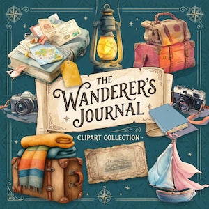 May include: A watercolour illustration of travel-related items. It features vintage suitcases, a lantern, cameras, books, a sailboat, and the text "The Wanderer's Journal - Clipart Collection." The colour scheme is primarily blues, browns, and oranges.