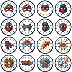 Puede incluir: Una colección de dieciséis ilustraciones circulares con temática de superhéroes. Cada diseño presenta una máscara, capa o emblema diferente en colores vibrantes como rojo, azul y amarillo, sobre un fondo blanco con un borde estrellado.