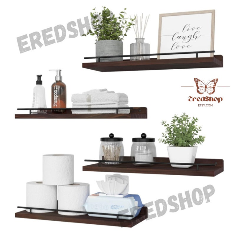 Set of 4 Wooden Shelf With Black Metal Rail modern Shelves Floating ...