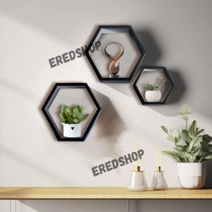 Set Of 3 Hexagon Shelves | Honeycomb Shelves | Floating Shelves | Wall Mounted Shelves | Crystal Display Shelves | Wood Hexagon Shelf