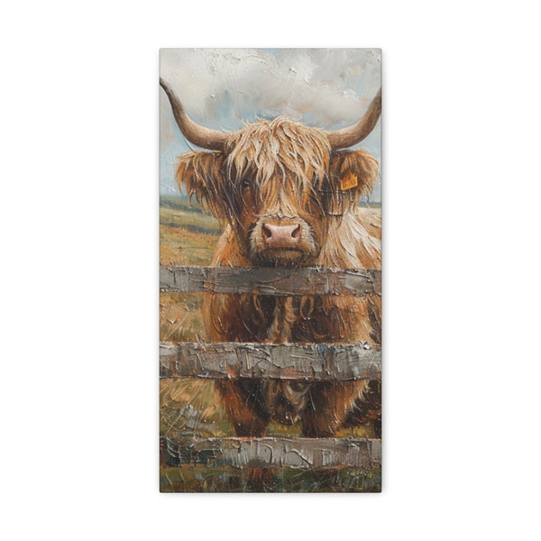 highland cow canvas wall art, farmhouse decor, rustic painting, farm living room art, cattle artwork, large wall art,  highland cow art