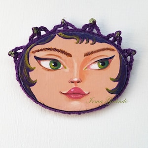 Miniature Painting Girl with Crocheted Frame color Purple and Green and Green Eyes image 1