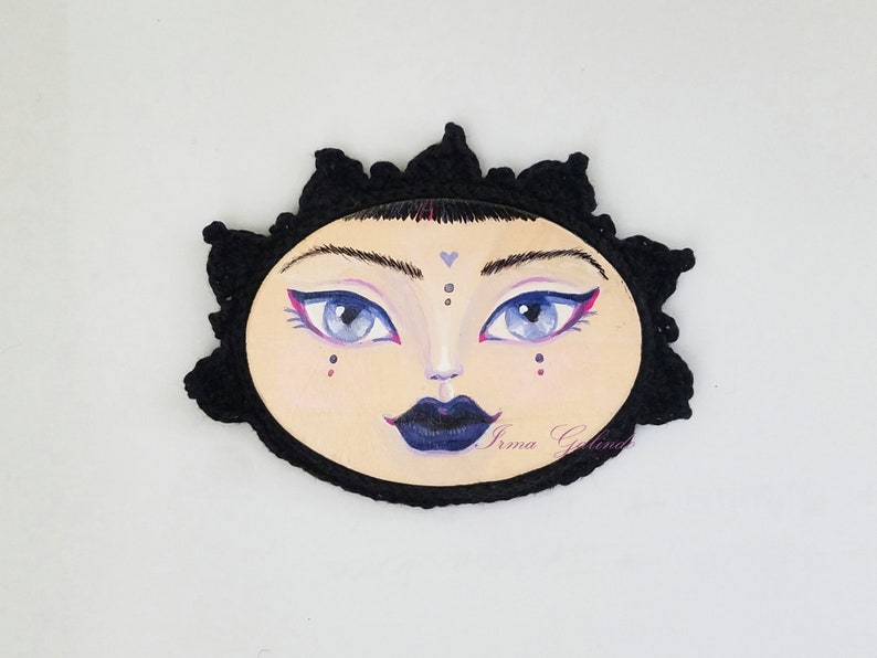 Miniature Painting Girl with Crocheted Frame Goth style image 1