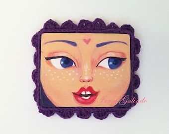 Miniature Square Painting of a Girl face with Crocheted Frame purple color