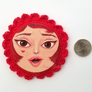 Miniature Painting Girl with Crocheted Frame Cherry Red image 3