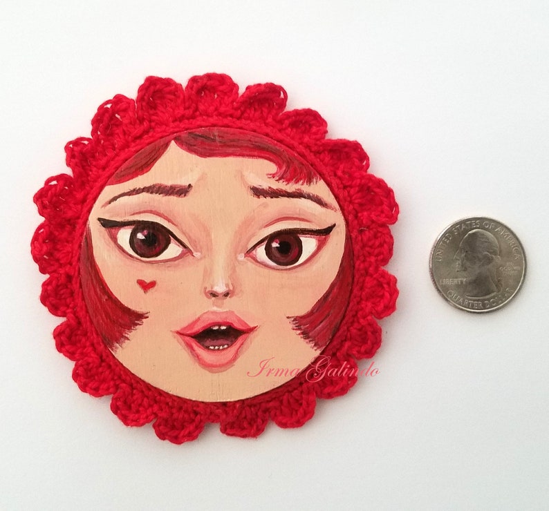 Miniature Painting Girl with Crocheted Frame Cherry Red image 3