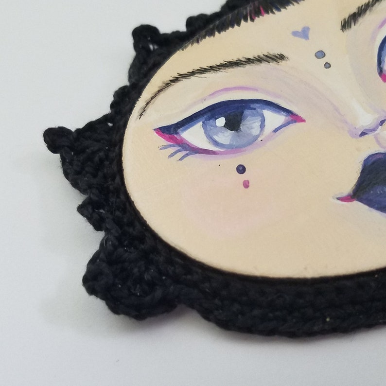 Miniature Painting Girl with Crocheted Frame Goth style image 3