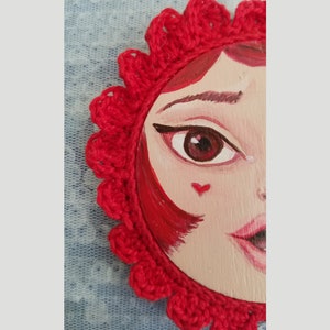 Miniature Painting Girl with Crocheted Frame Cherry Red image 4