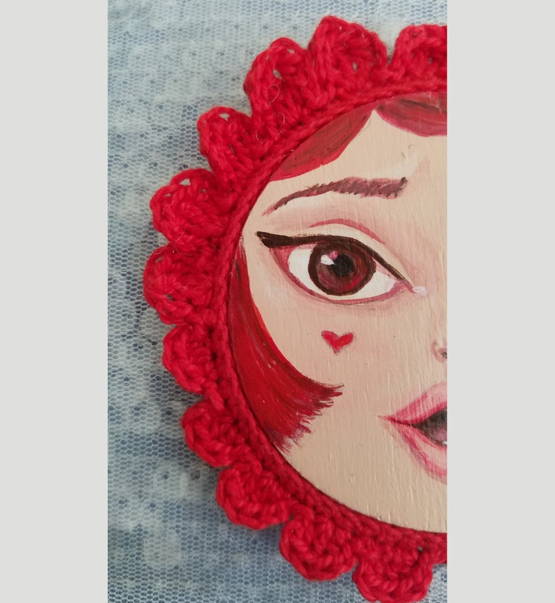 Miniature Painting Girl with Crocheted Frame Cherry Red image 4