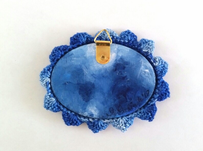 Miniature Painting Girl with Crocheted Frame color Dark Blue image 2