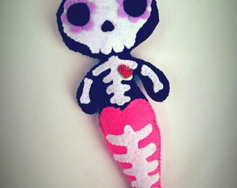 Mermaid Skeleton Day of the Dead Handmade from Felt Art Doll