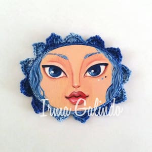 Miniature Painting Girl with Crocheted Frame color Dark Blue image 1